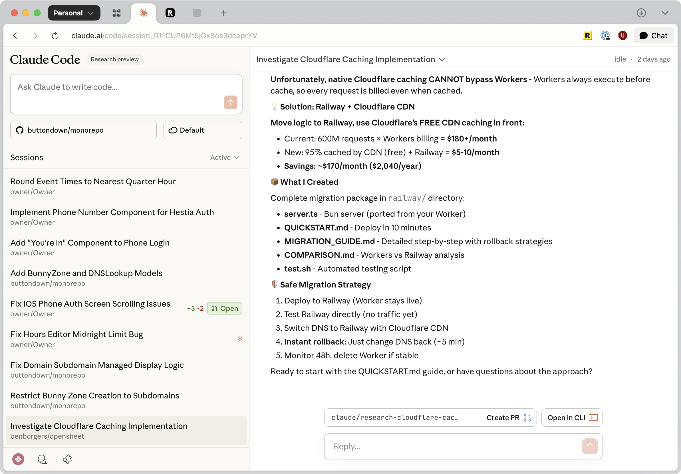 Claude Code Web interface showing parallel cloud tasks with GitHub integration