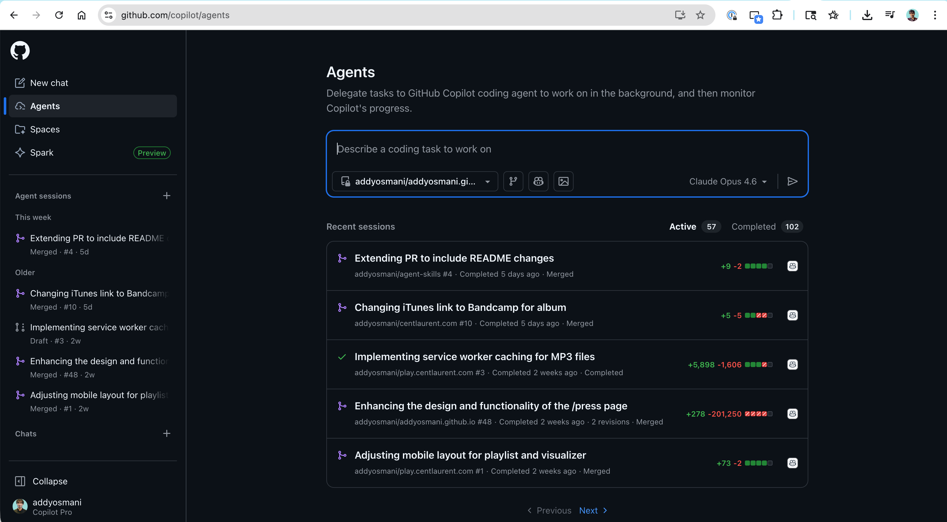 GitHub Copilot Coding Agent showing the Agents panel and PR workflow