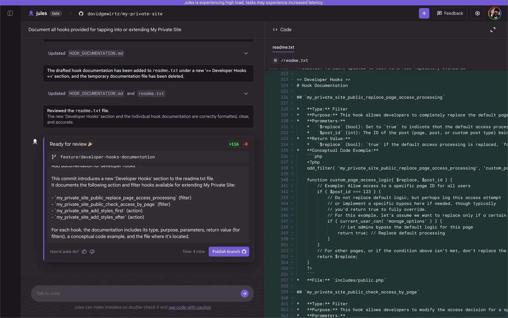 Jules cloud coding agent showing plan approval workflow and PR creation